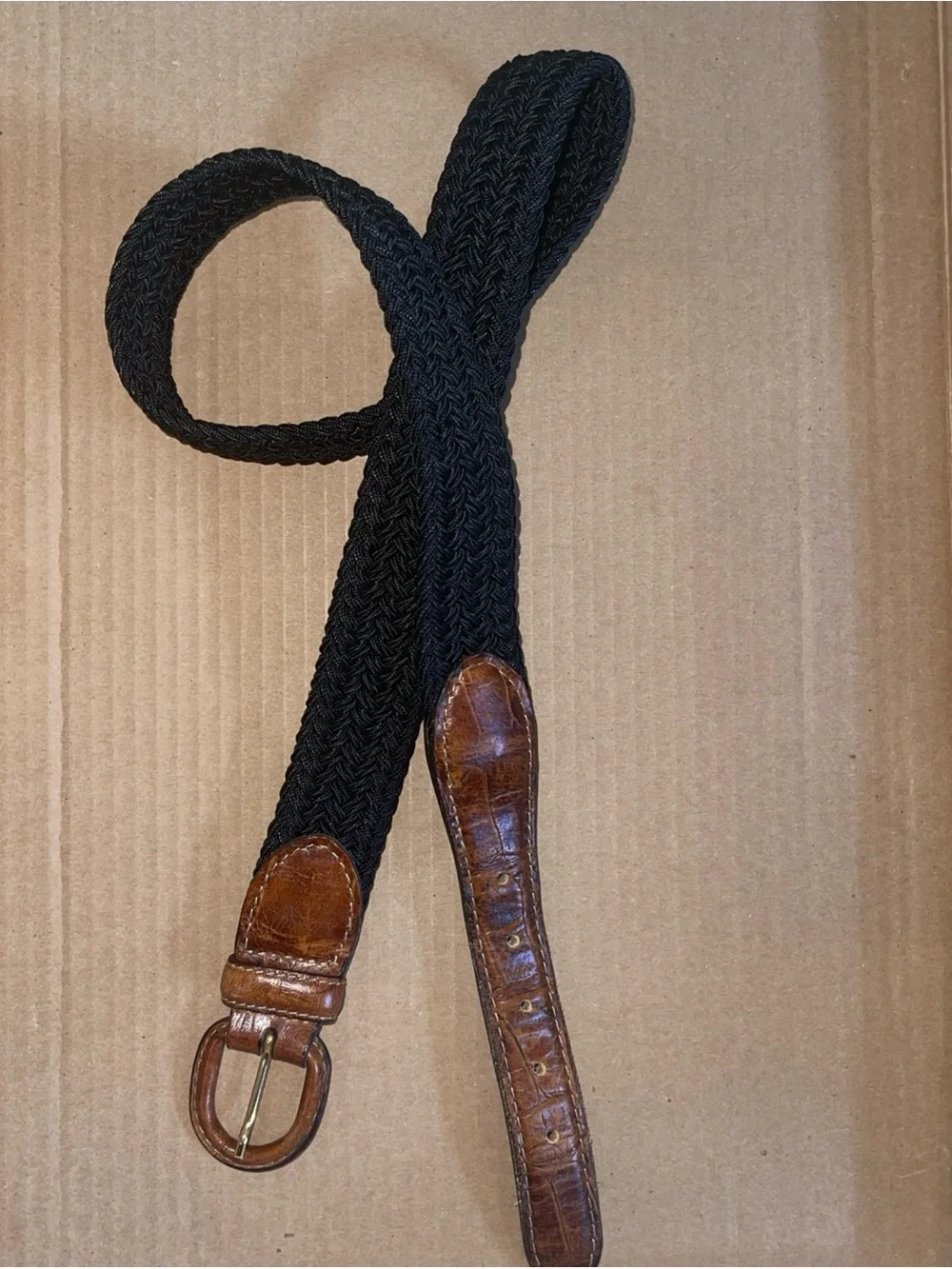 BULLOCK & JONES MENS Black Woven Belt with Brown Leather Trim SZ 38 GREAT!
